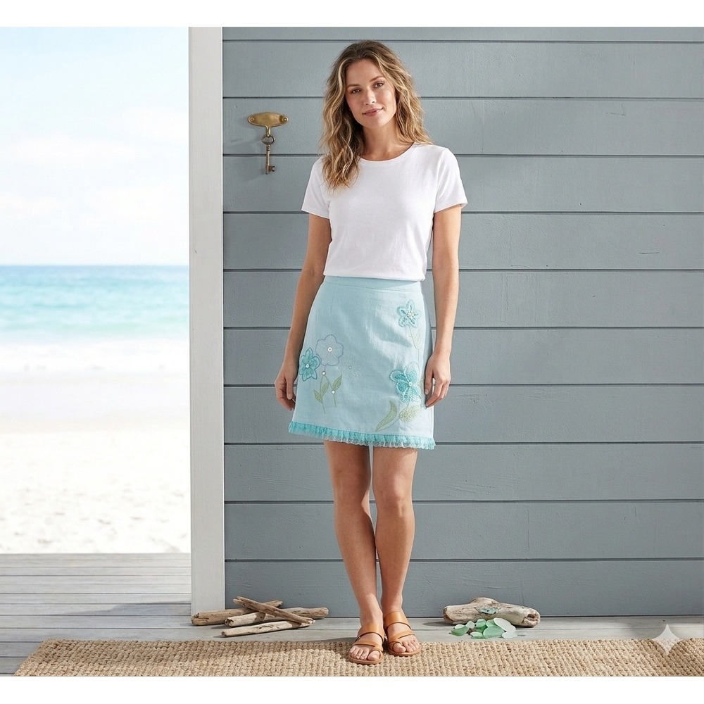 Requirements Blue 12P Linen‎ Blend Skirt Coastal Grandmother Embroidered Y2K
